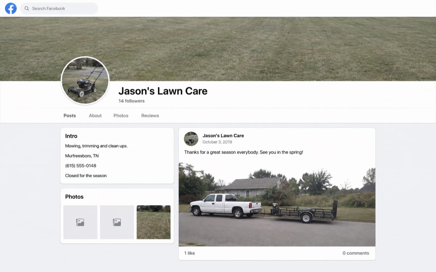 An abandoned lawn care page: 14 followers, closed for the season, last posted October 2019